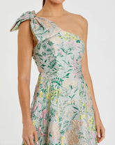 Multicolor One Shoulder Brocade Floral Gown With Bow